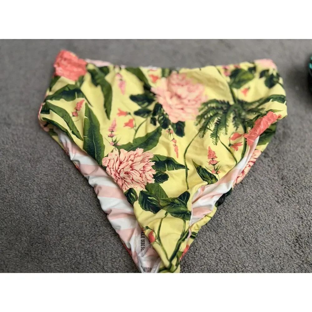 Aguabendita Floral High Rise Swimsuit Bottom Women's XXL Yellow Pink Reversable